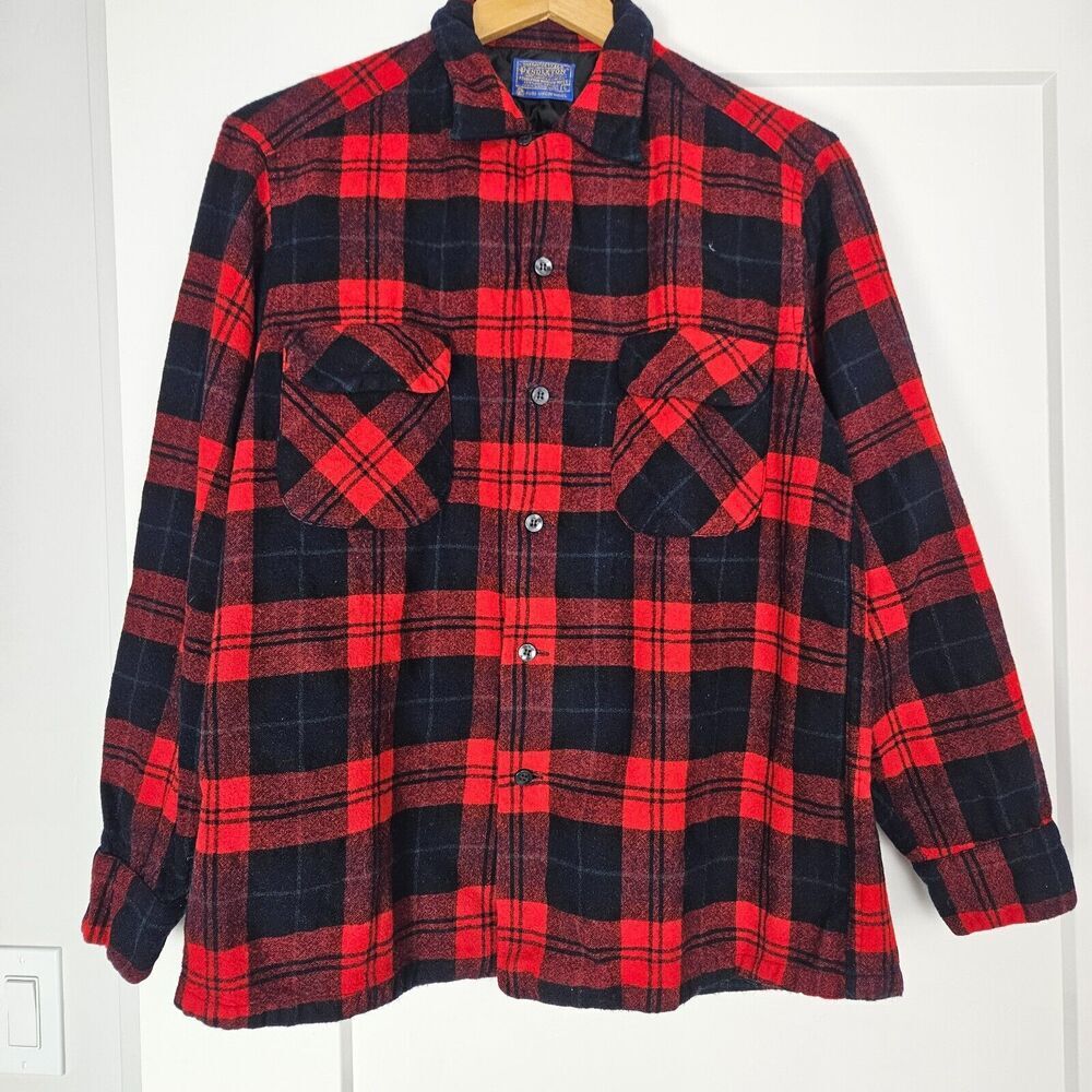 VTG 60s Pendleton Red Black Green Plaid Wool Loop Collar Shirt Made In U…